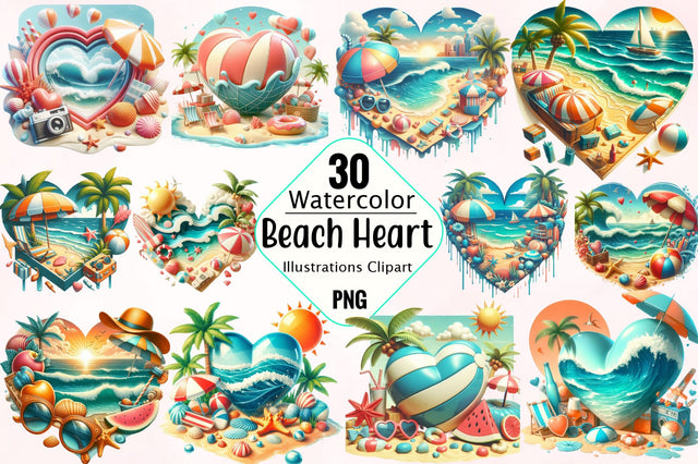 Retro Beach Heart Watercolor Clipart Bundle Sublimation SVGArt 