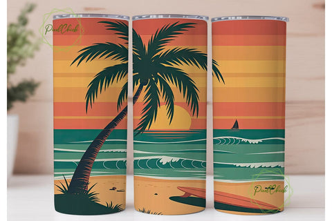Retro Beach Sunset 20oz Tumbler Wrap Sublimation PixelChick 
