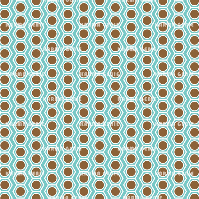 Retro Blue & Brown Hexagons & Circles Geometric Pattern Digital Paper Digital Pattern Karma Genie Graphics 