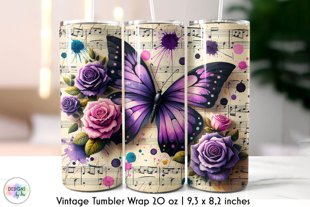 Retro Butterfly Distressed Music Sheet Tumbler Wrap Sublimation Designs by Ira 
