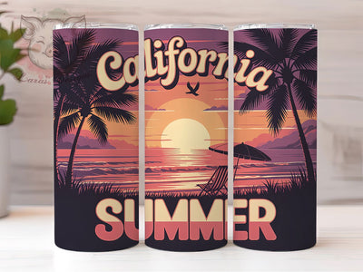 Retro California Beach 20oz Tumbler, Retro California Summer, Sunset Palm Trees Illustration, Sublimation Tumbler Wrap, 20oz Tumbler, Fun Summer Gift, Bright Coastal Style Sublimation Lara' s Designs 