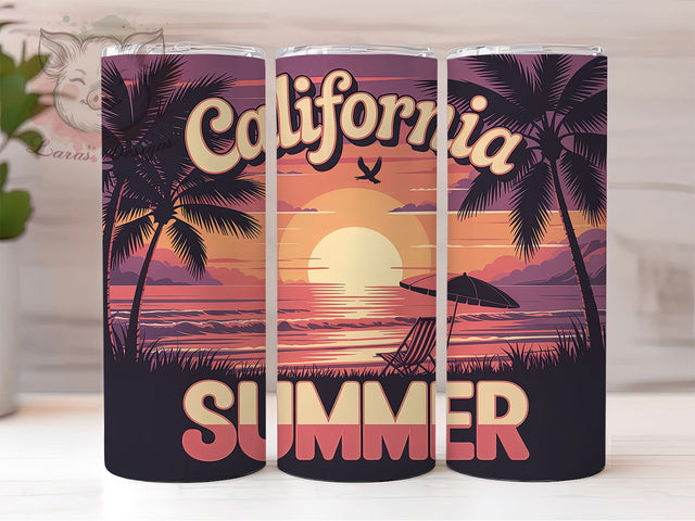 Retro California Beach 20oz Tumbler, Retro California Summer, Sunset Palm Trees Illustration, Sublimation Tumbler Wrap, 20oz Tumbler, Fun Summer Gift, Bright Coastal Style Sublimation Lara' s Designs 