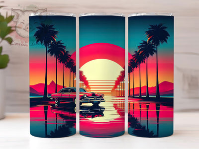 Retro Car Sunset 20oz Americana Tumbler, Retro Car Design, Sunset Tumbler, Sublimation Wrap, 20oz Tumbler, Classic American Car, Vintage Gift, Americana Drinkware Sublimation Lara' s Designs 