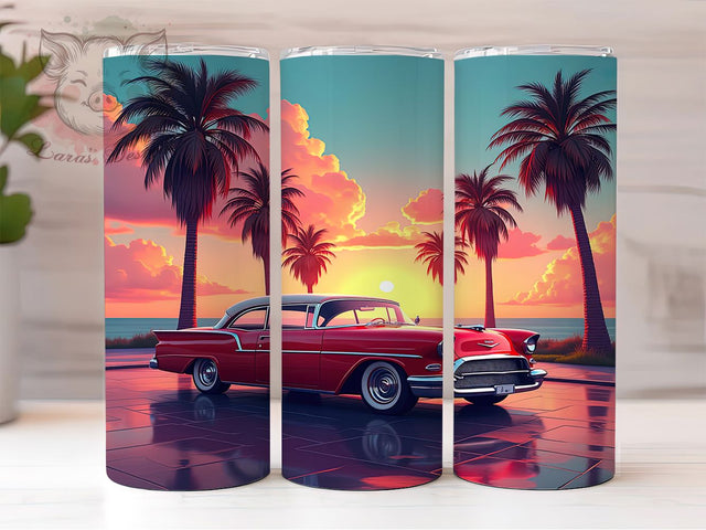 Retro Car Sunset 20oz Americana Tumbler, Retro Car Design, Sunset Tumbler, Sublimation Wrap, 20oz Tumbler, Classic American Car, Vintage Gift, Americana Drinkware Sublimation Lara' s Designs 