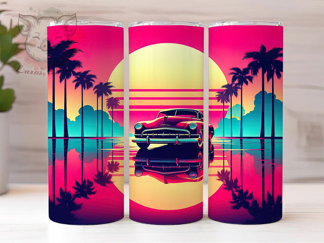 Retro Car Sunset 20oz Americana Tumbler, Retro Car Design, Sunset Tumbler, Sublimation Wrap, 20oz Tumbler, Classic American Car, Vintage Gift, Americana Drinkware Sublimation Lara' s Designs 