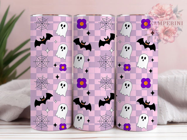 Retro Checkered Cute Ghost Halloween Tumbler, Cute Ghost Wrap, Checkered Ghost Design, 20Oz Tumbler Sublimation, Vintage Spooky Drinkware, Trick Or Treat Cup, Halloween Retro Mug Sublimation Li Zamperini 