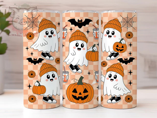 Retro Checkered Ghost Halloween Tumbler, Funny Halloween Wrap, Vintage Ghost Sublimation, Checkerboard Halloween Tumbler, Cute Spooky Drinkware, Retro Ghost Party Wrap, Playful Halloween Tumbler Sublimation Lara' s Designs 