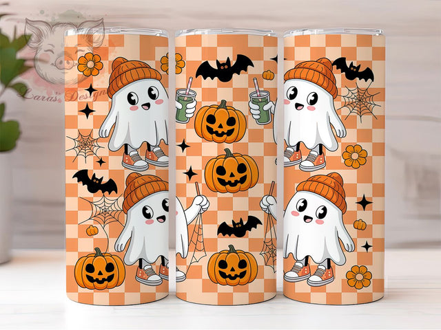 Retro Checkered Ghost Halloween Tumbler, Funny Halloween Wrap, Vintage Ghost Sublimation, Checkerboard Halloween Tumbler, Cute Spooky Drinkware, Retro Ghost Party Wrap, Playful Halloween Tumbler Sublimation Lara' s Designs 
