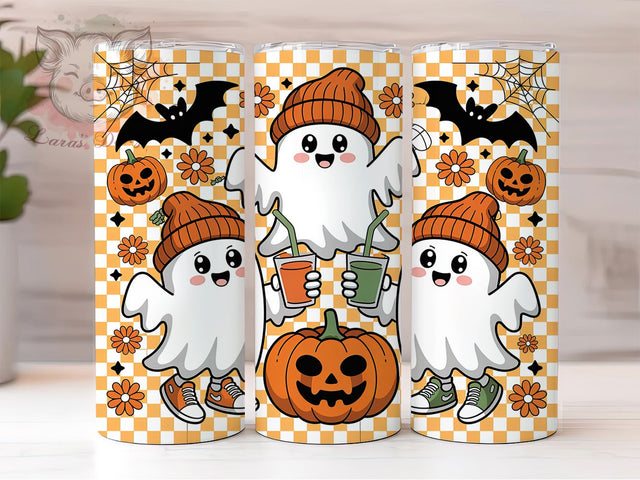 Retro Checkered Ghost Halloween Tumbler, Funny Halloween Wrap, Vintage Ghost Sublimation, Checkerboard Halloween Tumbler, Cute Spooky Drinkware, Retro Ghost Party Wrap, Playful Halloween Tumbler Sublimation Lara' s Designs 