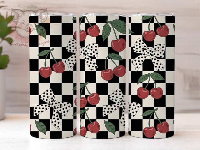 Retro Cherry Checkerboard Vintage Tumbler, Checkerboard Wrap Design, Vintage Fruit Drinkware, 20Oz Tumbler Sublimation, Red Cherry Cup, Retro Kitchen Mug, Classic Picnic Style Sublimation Lara' s Designs 