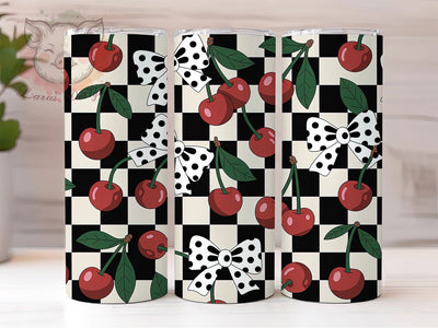 Retro Cherry Checkerboard Vintage Tumbler, Checkerboard Wrap Design, Vintage Fruit Drinkware, 20Oz Tumbler Sublimation, Red Cherry Cup, Retro Kitchen Mug, Classic Picnic Style Sublimation Lara' s Designs 