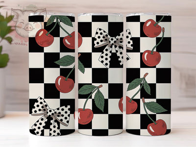 Retro Cherry Checkerboard Vintage Tumbler, Checkerboard Wrap Design, Vintage Fruit Drinkware, 20Oz Tumbler Sublimation, Red Cherry Cup, Retro Kitchen Mug, Classic Picnic Style Sublimation Lara' s Designs 