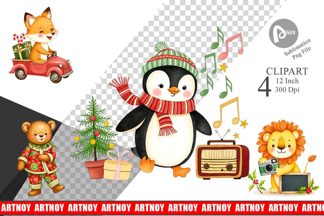 Retro Christmas Animals Clipart Sublimation artnoy 