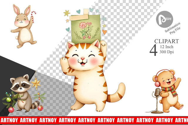 Retro Christmas Animals Clipart Sublimation artnoy 