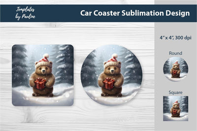 Retro Christmas Bear Car Coaster Sublimation Design Sublimation Templates by Pauline 