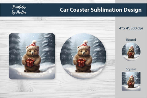 Retro Christmas Bear Car Coaster Sublimation Design Sublimation Templates by Pauline 
