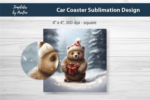 Retro Christmas Bear Car Coaster Sublimation Design Sublimation Templates by Pauline 