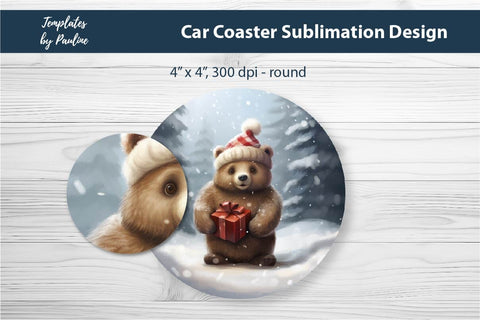 Retro Christmas Bear Car Coaster Sublimation Design Sublimation Templates by Pauline 