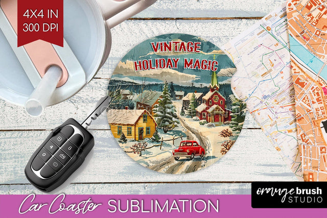 Retro Christmas Car Coaster PNG - Xmas Coaster Sublimatoin Sublimation OrangeBrushStudio 