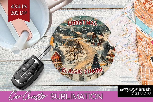 Retro Christmas Car Coaster PNG - Xmas Coaster Sublimatoin Sublimation OrangeBrushStudio 