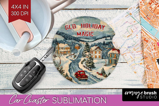 Retro Christmas Car Coaster PNG - Xmas Coaster Sublimatoin Sublimation OrangeBrushStudio 