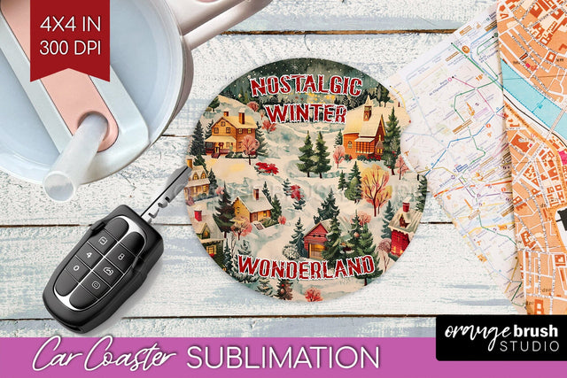 Retro Christmas Car Coaster PNG - Xmas Coaster Sublimatoin Sublimation OrangeBrushStudio 