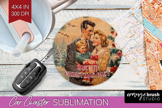 Retro Christmas Car Coaster PNG - Xmas Coaster Sublimatoin Sublimation OrangeBrushStudio 