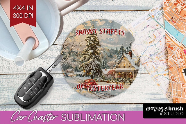 Retro Christmas Car Coaster PNG - Xmas Coaster Sublimatoin Sublimation OrangeBrushStudio 