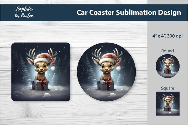 Retro Christmas Deer Car Coaster Sublimation Design Sublimation Templates by Pauline 