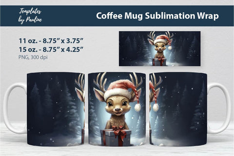 Retro Christmas Deer Coffee Mug Wrap for Sublimation Sublimation Templates by Pauline 