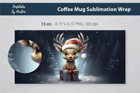 Retro Christmas Deer Coffee Mug Wrap for Sublimation Sublimation Templates by Pauline 