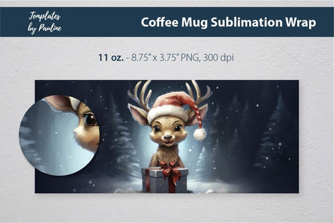 Retro Christmas Deer Coffee Mug Wrap for Sublimation Sublimation Templates by Pauline 