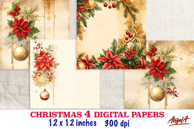 Retro Christmas floral digital paper / poinsettia, holly PNG Digital Pattern Angelina Semenova 