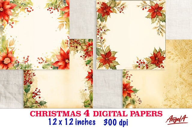 Retro Christmas floral digital paper / poinsettia pattern Digital Pattern Angelina Semenova 
