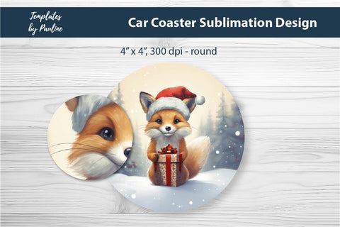 Retro Christmas Fox Car Coaster Sublimation Design Sublimation Templates by Pauline 
