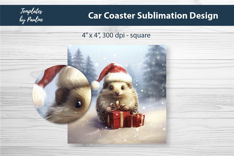 Retro Christmas Hedgehog Car Coaster Sublimation Design Sublimation Templates by Pauline 
