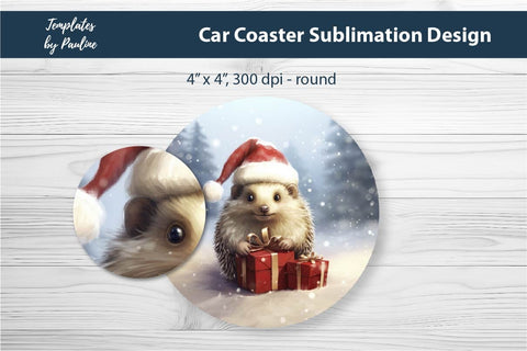 Retro Christmas Hedgehog Car Coaster Sublimation Design Sublimation Templates by Pauline 