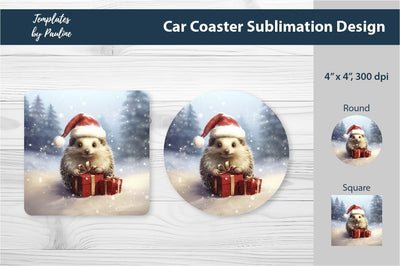 Retro Christmas Hedgehog Car Coaster Sublimation Design Sublimation Templates by Pauline 