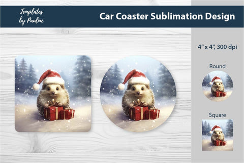 Retro Christmas Hedgehog Car Coaster Sublimation Design Sublimation Templates by Pauline 