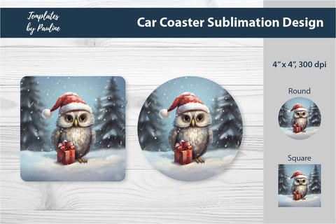 Retro Christmas Owl Car Coaster Sublimation Design Sublimation Templates by Pauline 