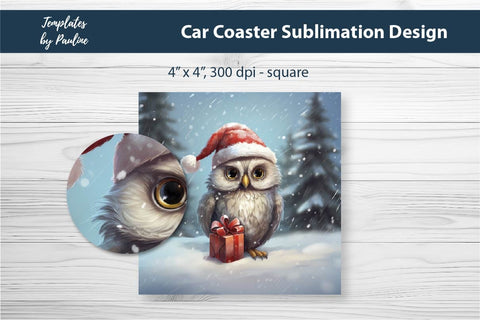 Retro Christmas Owl Car Coaster Sublimation Design Sublimation Templates by Pauline 