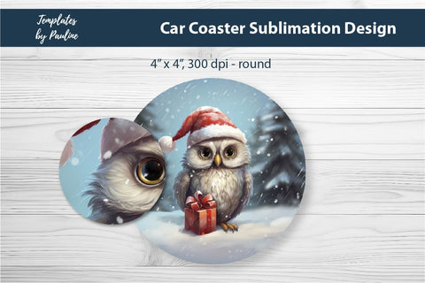 Retro Christmas Owl Car Coaster Sublimation Design Sublimation Templates by Pauline 