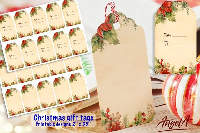 Retro Christmas printable gift tags, floral tags Sublimation Angelina Semenova 