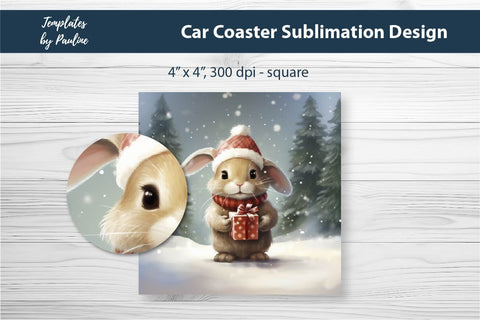 Retro Christmas Rabbit Car Coaster Sublimation Design Sublimation Templates by Pauline 