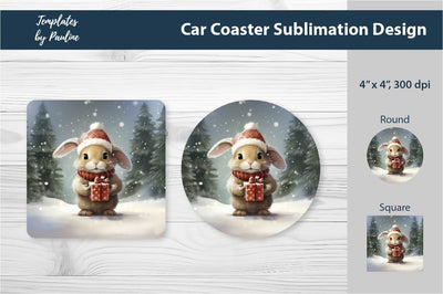 Retro Christmas Rabbit Car Coaster Sublimation Design Sublimation Templates by Pauline 