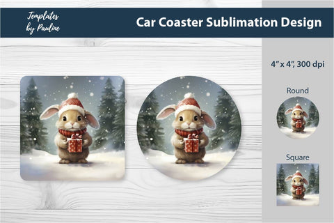 Retro Christmas Rabbit Car Coaster Sublimation Design Sublimation Templates by Pauline 
