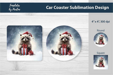 Retro Christmas Raccoon Car Coaster Sublimation Design Sublimation Templates by Pauline 