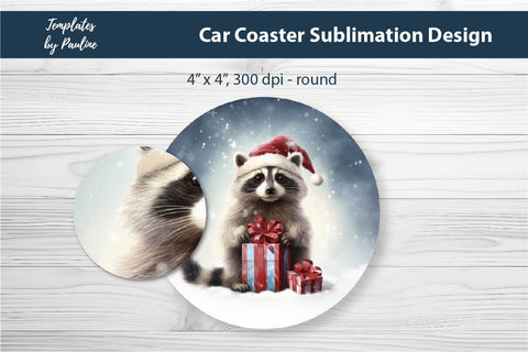 Retro Christmas Raccoon Car Coaster Sublimation Design Sublimation Templates by Pauline 