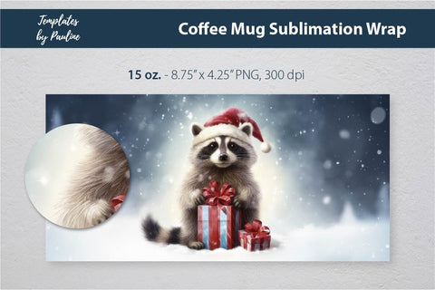 Retro Christmas Raccoon Coffee Mug Wrap for Sublimation Sublimation Templates by Pauline 