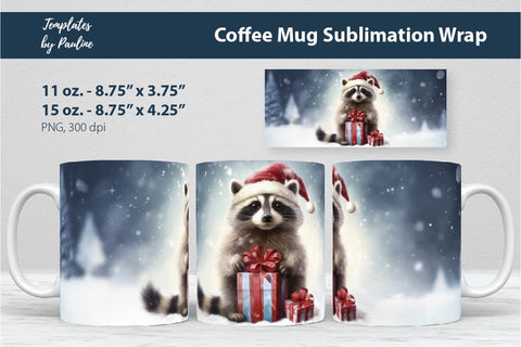 Retro Christmas Raccoon Coffee Mug Wrap for Sublimation Sublimation Templates by Pauline 
